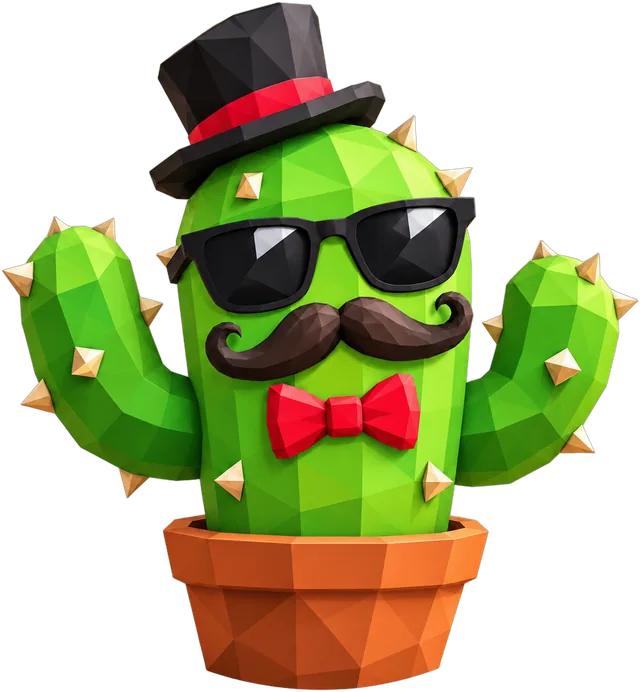 The Dapper Cactus: a low-poly cactus in a clay pot wearing a top hat, sunglasses, a curly mustache and a red bow tie.