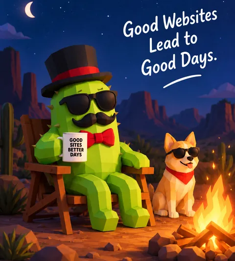 The cactus relaxes by a campfire with a mug that says Good sites, better days, next to a dog in sunglasses. Lettering: Good websites lead to good days.